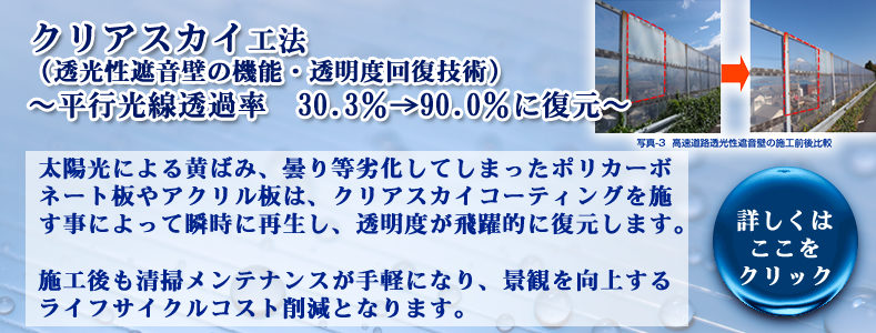 クリアスカイ工法（透光性遮音壁の機能・透明度回復技術） ～平行光線透過率　30.3％→90.0％に復元～